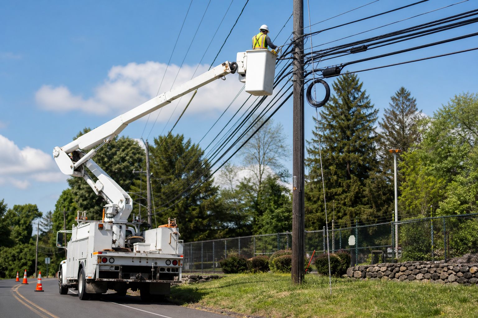 Aerial fiber construction crew working from a bucket truck