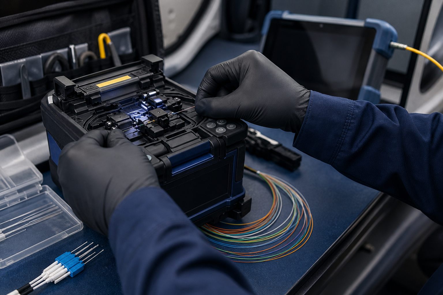 Fiber optic splicing equipment and organized fiber strands